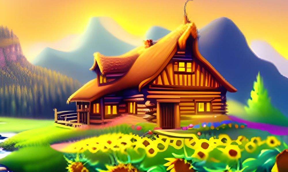 Haus in den Bergen mit Sonnenblumen